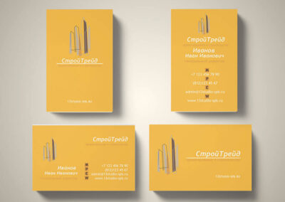Вертикальный и горизонтальный шаблон визитки строительной компании на желтом фоне